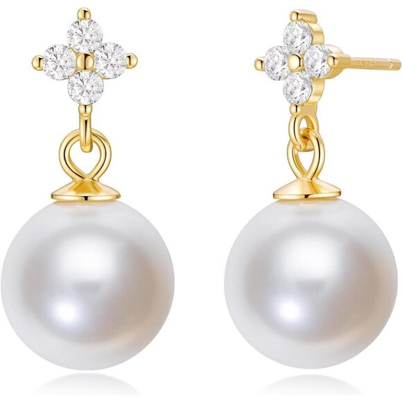 Jewelry - Mamelody 925 Silver Pearl Drop Earrings, CZ Studs, Gold Plated Bridal Jewelry